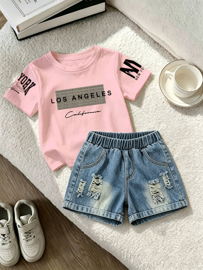 Summer Boys Los Angeles Print T-Shirt & Distressed Shorts Set