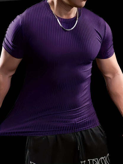 Men's Slim Fit Ribbed Short Sleeve T-Shirt - Stretchy Athletic  Casual Wear, Green, Round Neck, Machine Washable, Muscle-Enhancing Design, Gym Shirts