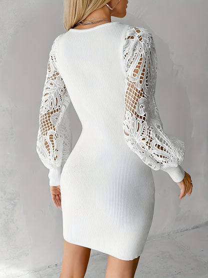 2025 New Elegant Fashion Lace Patch Lantern Sleeve Short Women's Slim Dress