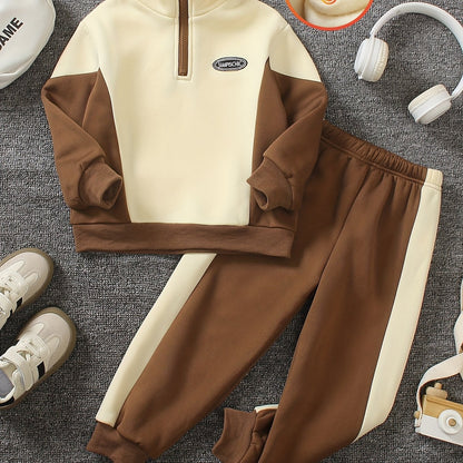 2pcs Set: Young Boys' Autumn/Winter -Lined Sweatshirt and Pants Set, Including a Stand Collar Half-Zip Contrast Long Sleeve Sweatshirt and Elastic Waist Contrast Pants, Very Casual, Comfortable, and Simple, Perfect for Outdoo