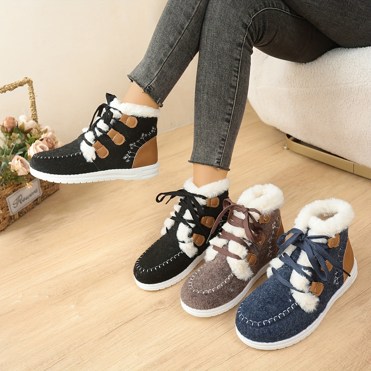 New Autumn-Winter Plush Lace-Up High Top Women's Snow Boots, Fashionable Warm Short Ankle Shoes, Trendy Versatile Comfortable Thermal Low Cut Winter Footwear