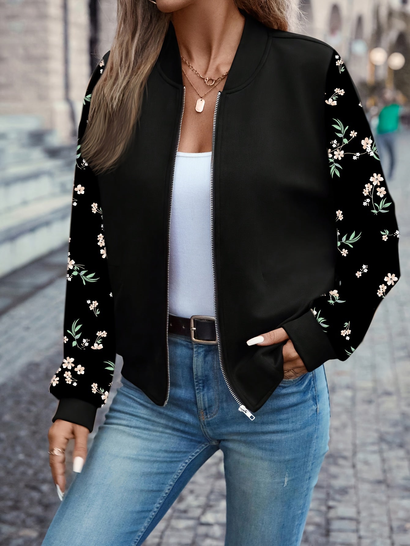 Women's Elegant Black Floral Print Full-Zip Jacket with Puffed Sleeve & Stand Collar - Full-Length Coat for Fall, Office, Shopping, Casual Outfits - Machine Washable Structured Outerwear with Full-Length Zipper Closure & Ruff