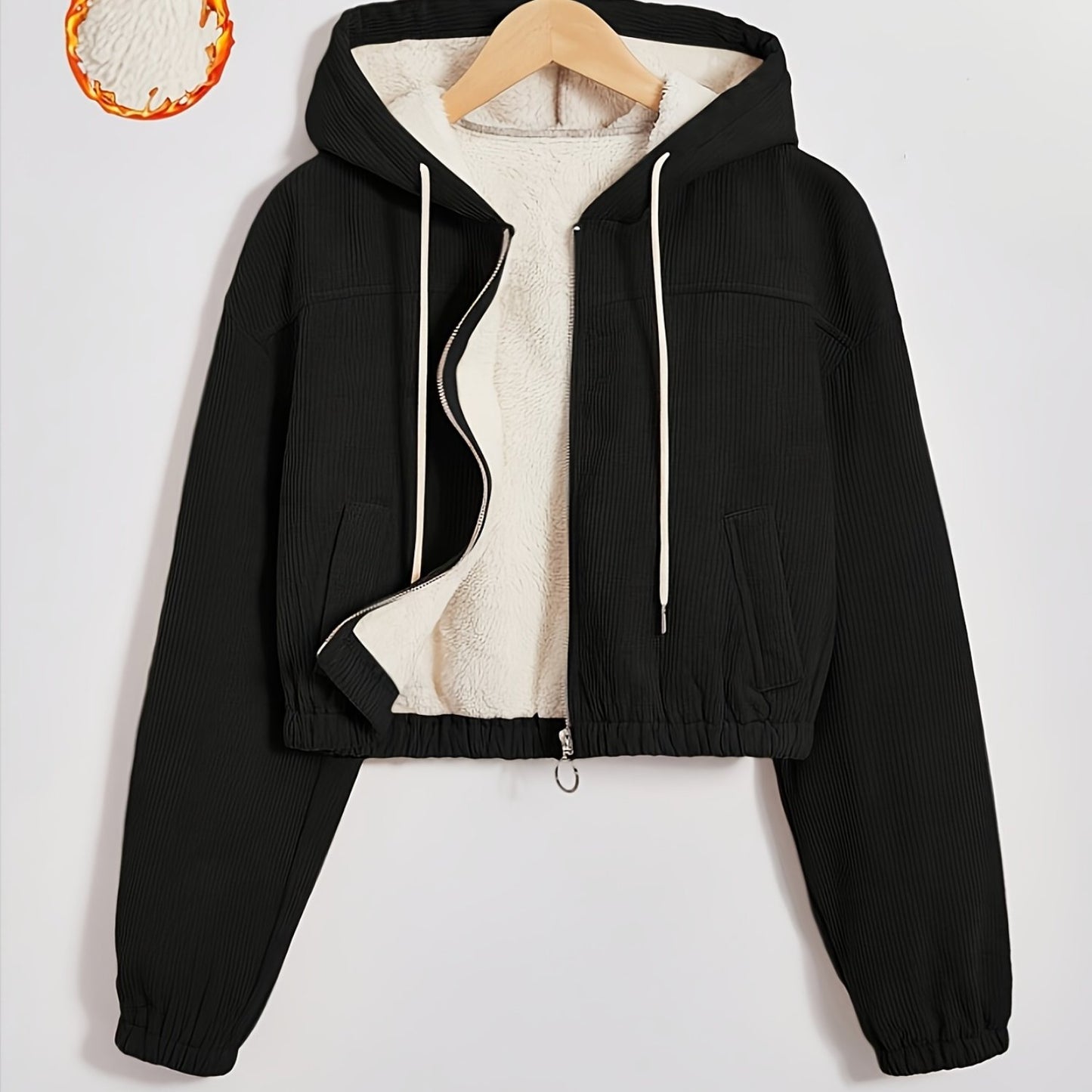 Women'S Black Hooded Jacket with Fleece Lining - Full-Zip Winter Coat, Full-Zip Front Closure, Zippered Pockets, Machine Washable Outer Shell