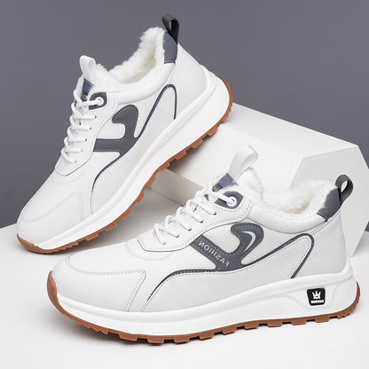 Men's Winter Non-Slip Sneakers - All-Season Traction Shoes with Thick Cushioned Rubber Sole, Slip-Resistant Grip, PU Upper & EVA Insole - Low-Top Sneakers for Hiking, Gym, Everyday - White & Gray Accents - Ideal Cold Weather