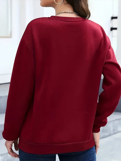 Women's Elegant Christmas Santa Claus Graphic Print Fleece-Lined Sweatshirt - Long Sleeve Round Neck Pullover with Golden Accents, Machine Washable Holiday Party Casual Top, Christmas Sweatshirt, Festive Clothing, Hiphop Styl