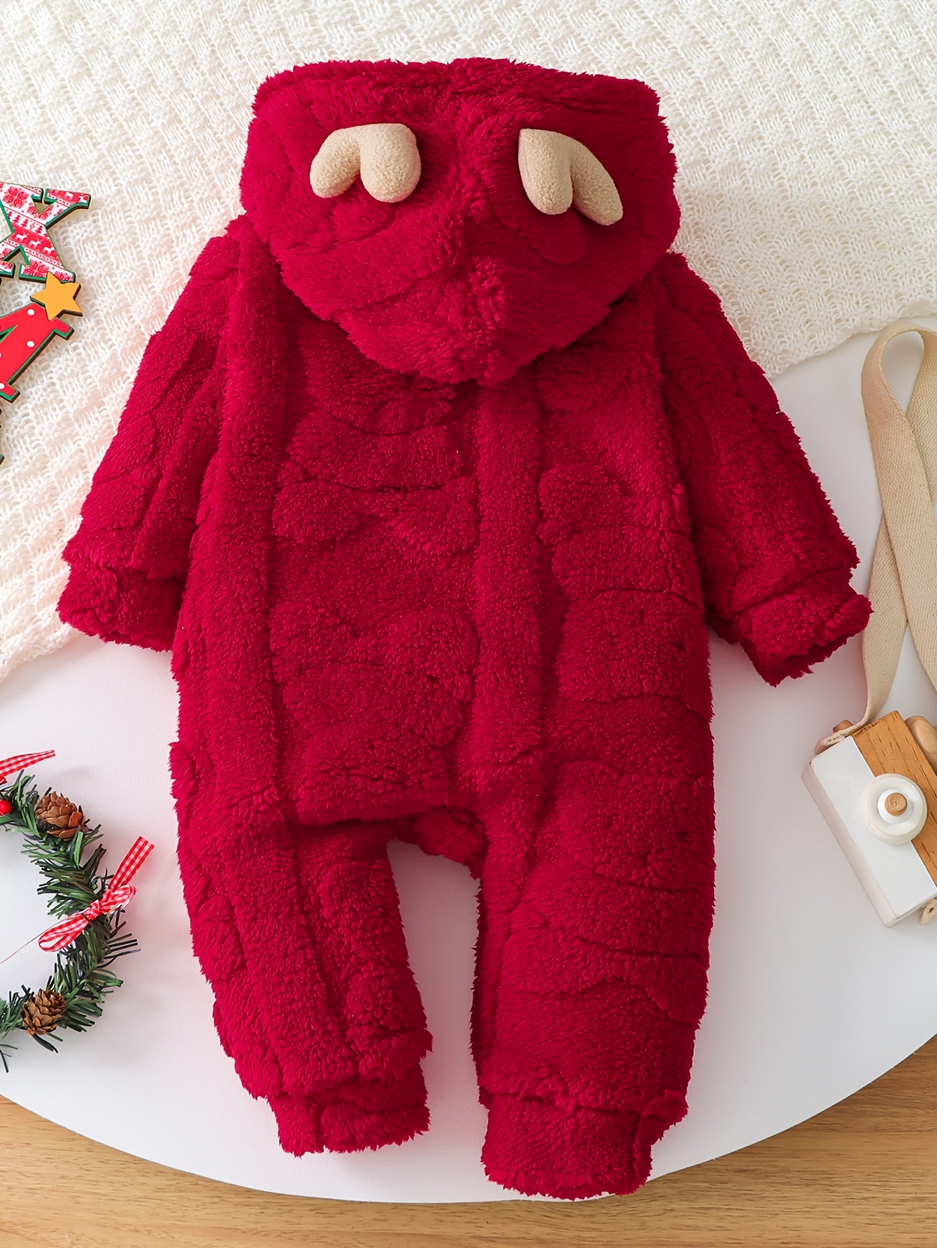 Boys & Winter Plush Hooded Romper Jumpsuit - Soft Zippered Full-Body Snow Suit with Antler, Machine Washable Warm Outfit for &, Cozy Red Baby Clothing, Perfect for Outdoor