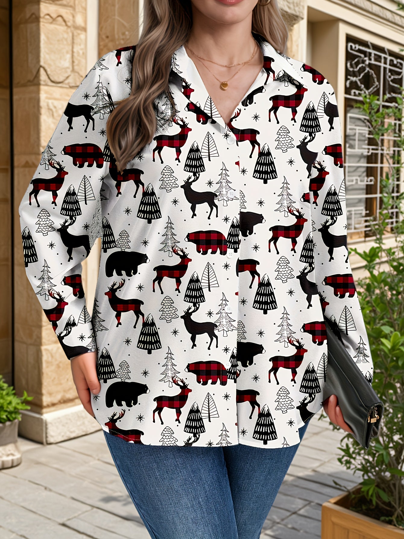 Plus Size, Women's Plus Size Winter Deer & Moose Print Blouse - Long Sleeve Christmas Party Shirt with Collar & Button Front, Red & Black Nordic Winter Pattern, Machine Washable Elegant Casual Holiday Outfits for Christmas &