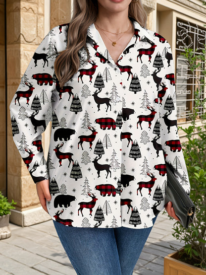 Plus Size, Women's Plus Size Winter Deer & Moose Print Blouse - Long Sleeve Christmas Party Shirt with Collar & Button Front, Red & Black Nordic Winter Pattern, Machine Washable Elegant Casual Holiday Outfits for Christmas &