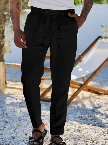 Men'S Casual Linen Drawstring Pants - Comfortable Straight Fit, Lightweight & Breathable for Beach & Outdoor Activities, Beach Casual Wear|Straight Fit Pants|Lightweight Fabric