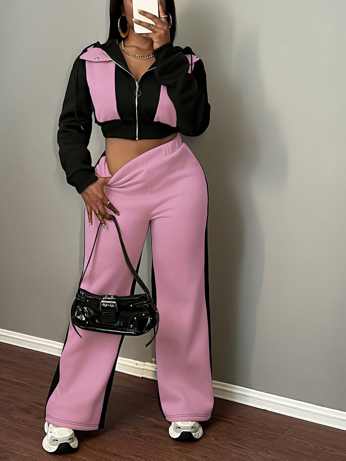 Women’s Color Block Hooded Sweatshirt and Pants Set for Fall-Winter - ayq