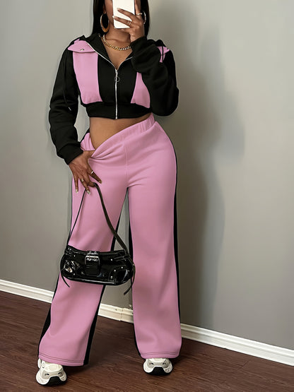 Women’s Color Block Hooded Sweatshirt and Pants Set for Fall-Winter - ayq