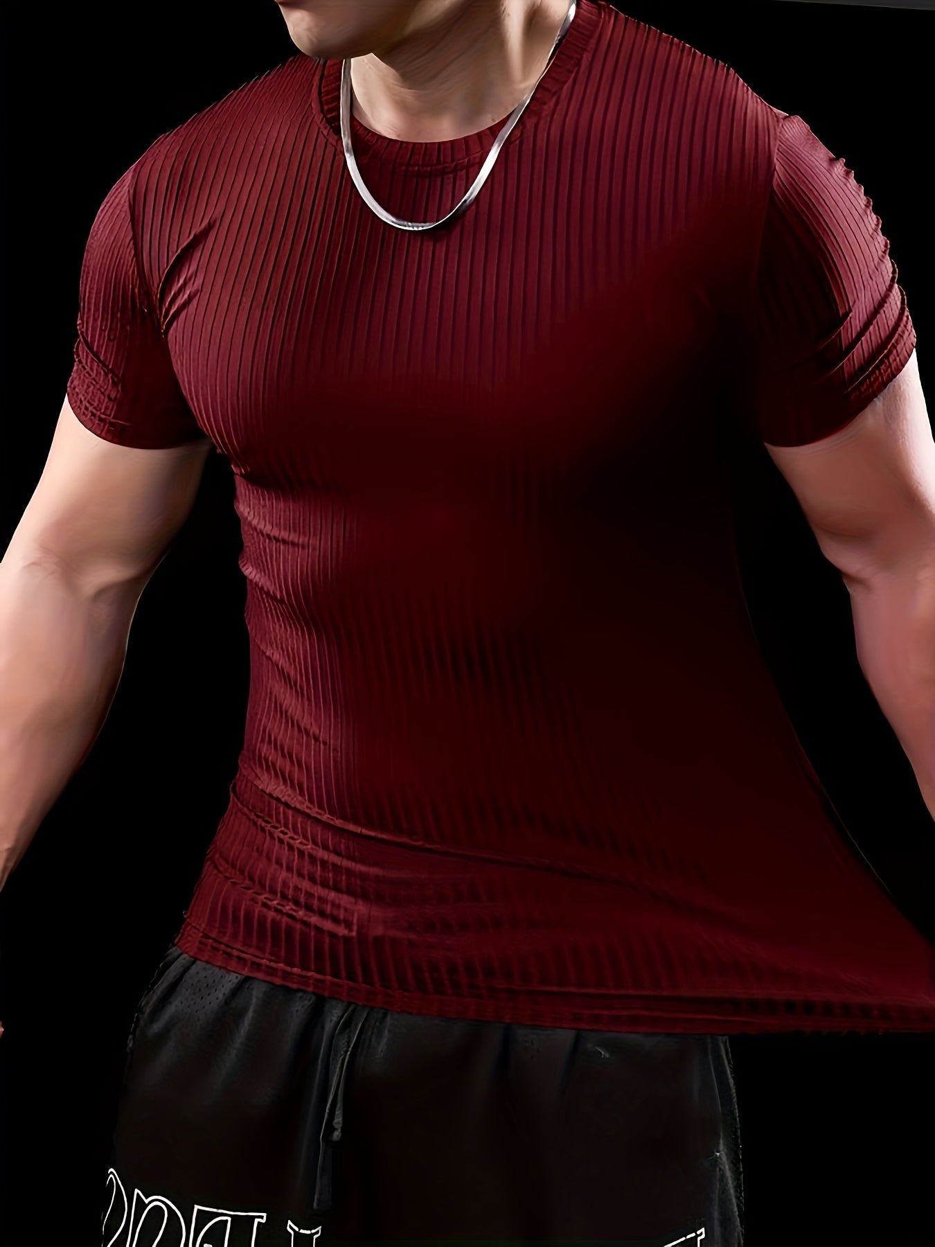 Men's Slim Fit Ribbed Short Sleeve T-Shirt - Stretchy Athletic  Casual Wear, Green, Round Neck, Machine Washable, Muscle-Enhancing Design, Gym Shirts