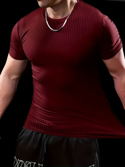 Men's Slim Fit Ribbed Short Sleeve T-Shirt - Stretchy Athletic  Casual Wear, Green, Round Neck, Machine Washable, Muscle-Enhancing Design, Gym Shirts