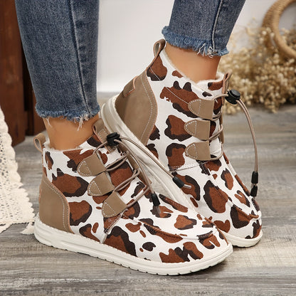 Women'S Cozy Winter Boots - Comfortable Slip-On Mid-Calf Riding Boots with Thick Sole, Round Toe, White & Black Lace-Up Design - Perfect for Cold Weather, Snow Boots, Winter Boots