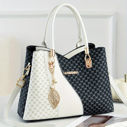 Women's Elegant Two-Tone Faux Leather Tote Bag with Detachable Strap