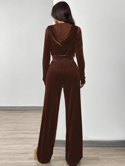 Women’s Elegant Velvet Crop Top & Wide-Leg Pants Set for Spring/Fall