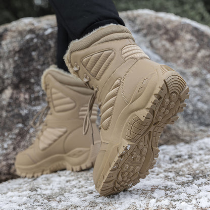 A Pair of Mid-Calf Snow Boots, Unisex, Comfortable Soft Lining Solid Color Design Fashion Outdoor Style Thick Rubber Sole Wear-Resistant Round Toe Cozy Liners Suitable for Camping Hiking Mountaineering Hunting - Autumn Winter