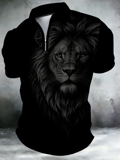 Men's Zip Shirt Short Sleeve Summer Trendy Lion Print Collar T-Shirt Business Casual Slim Fit Men's Top Women's Clothing