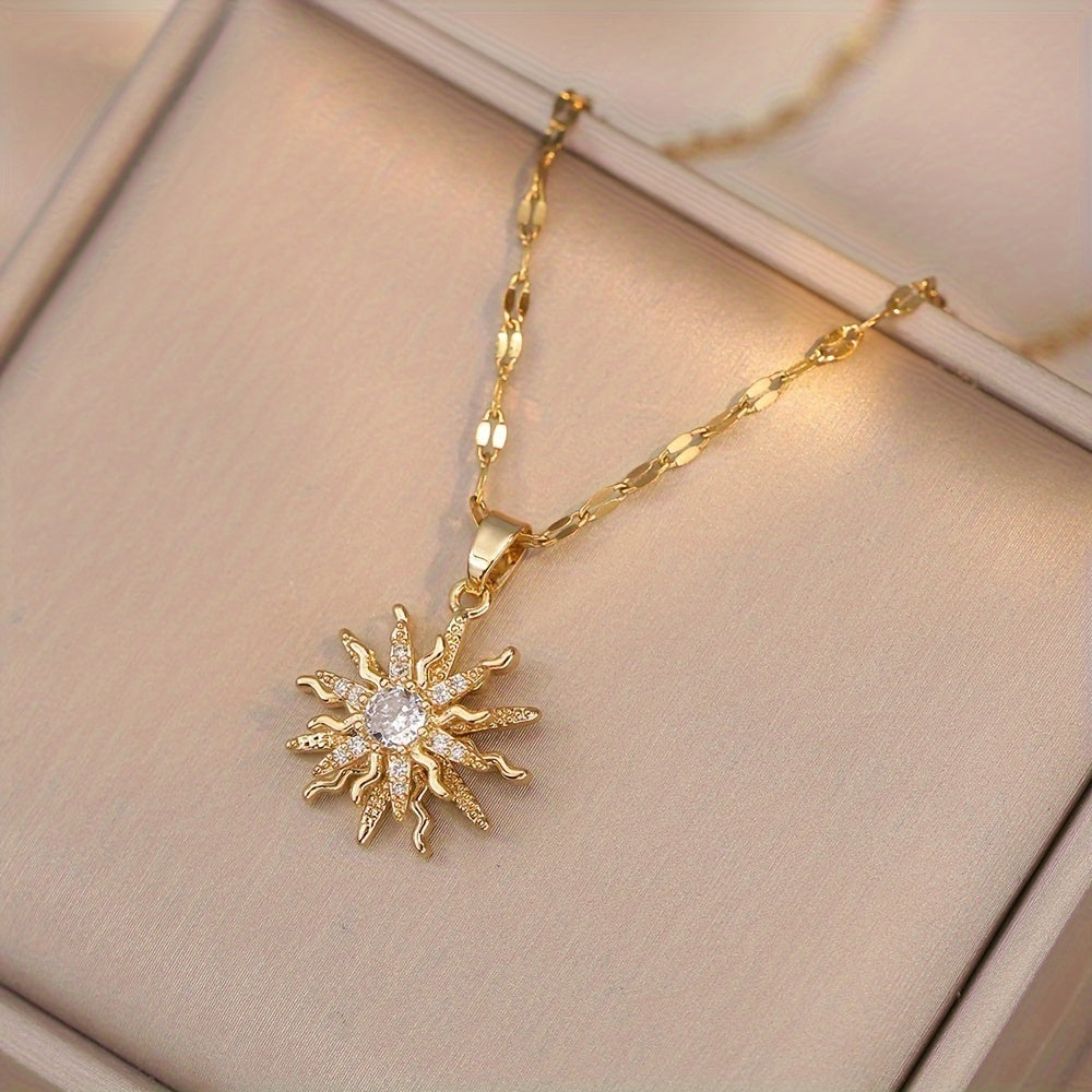 18K Gold Plated Sun Pendant Necklace with Sparkling Cubic Zirconia