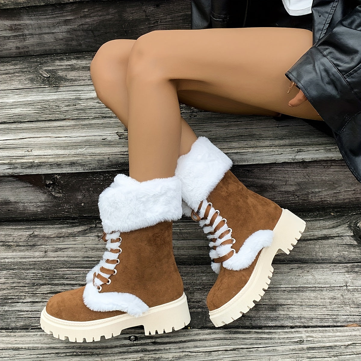 Women's Cozy Fleece-Lined Winter Boots - Mid-Calf Lace-Up with Thick Faux Fur Trim, Round Toe & Chunky Heel in Brown or Black, Perfect for Cold Weather Comfort, Winter Boots