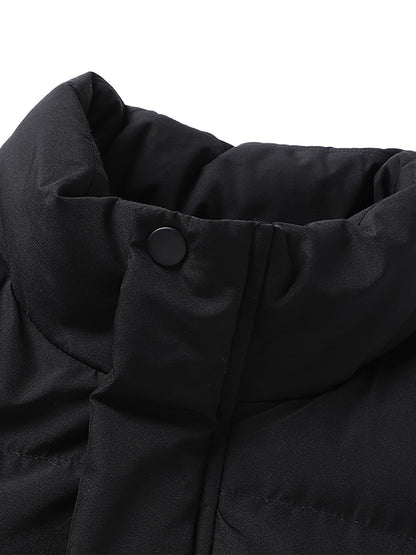 Men's Heavy-Duty Thermal Jacket - Winter Outerwear with Stand Collar & Full-Length Zipper Closure, Black/White Coat with Lettering - Machine Washable Cold Weather Jacket for Men (Casual & Formal) - Ideal for Skiing, Snowboard