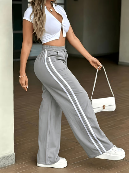 High-Waist Wide-Leg Casual Pants with Drawstring Waist