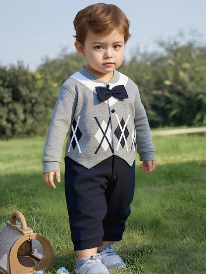 Plaid Cotton Baby Boy Jumpsuit with Bow, Spring Fall Casual
