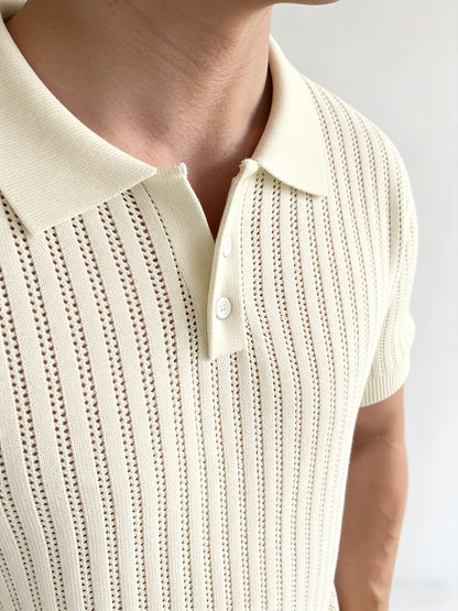 Men'S Summer Knitted Polo Shirt | Breathable Striped Design, Casual Lapel Collar, Short Sleeves, Three-Button Closure, Slim Fit, Ideal For Business Casual And Travel - ayq