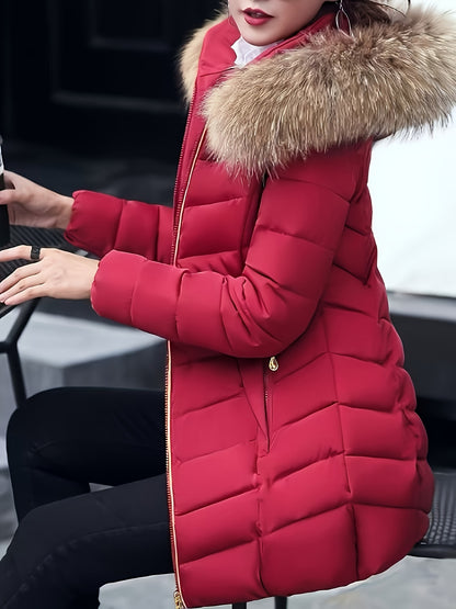 Women'S Elegant Red Mid-Length Winter Coat with Plush Fur Hood, Zip-Up Design, and Contrast Trim - Stylish All-Season Outerwear, Winter Coats And Vests