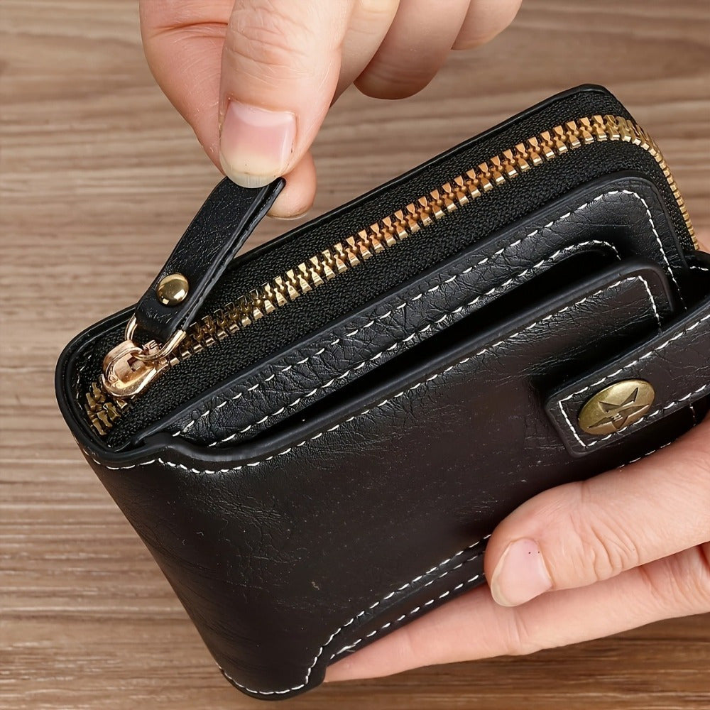 Stylish Men'S Faux Leather Wallet Featuring a Tree Motif, Compact Design with a Zipper for Credit Cards And Coins.