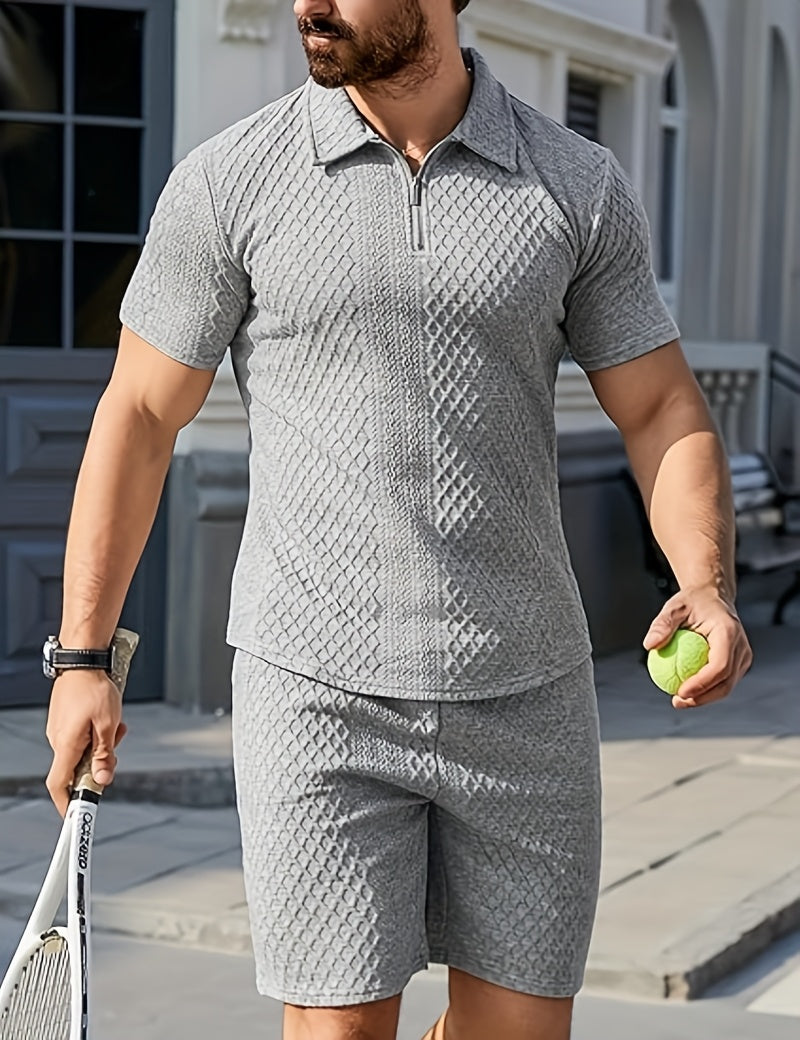 Men'S "Claude" Summer Polo Shirt Set - Short Sleeve, Shorts, and Zipper Detailing, Polyester, Casual Style, Casual Attire|Short Sleeve Shirt|Polyester Fabri