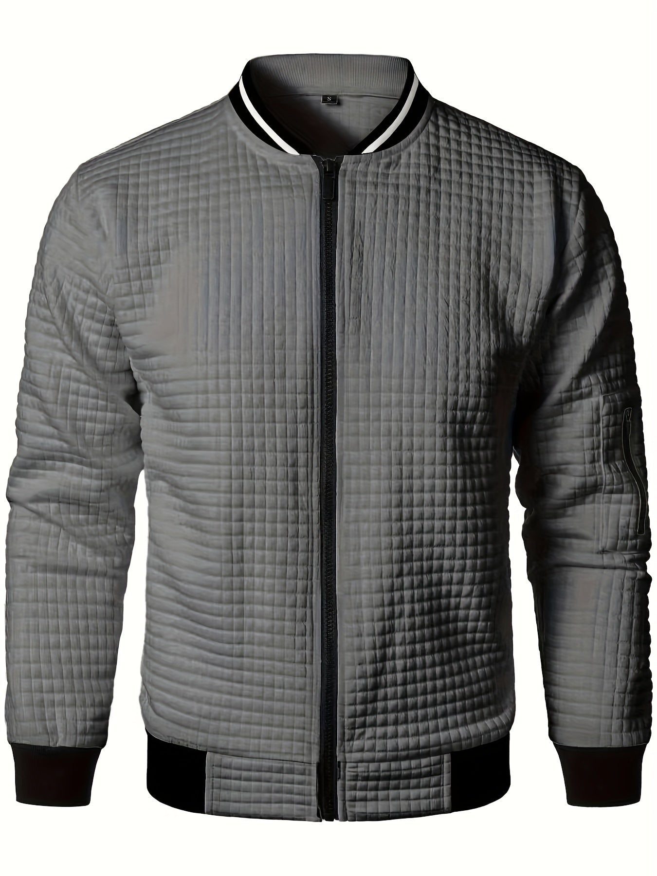 Men's Casual Bomber Jacket with Stand Collar - Polyester and Elastane Blend, Knit Fabric with Slight Stretch, Solid Color, Zipper Detail, Long Sleeve, Regular Fit