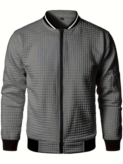 Men's Casual Bomber Jacket with Stand Collar - Polyester and Elastane Blend, Knit Fabric with Slight Stretch, Solid Color, Zipper Detail, Long Sleeve, Regular Fit