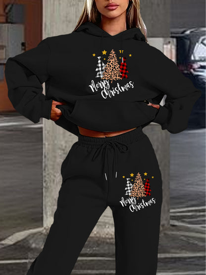 Women'S 2024 New Year Sweatshirt and Pants Set, Hooded Long Sleeve Casual Outfit with Pockets, Polyester Knit Fabric, Geometric Pattern, for Autumn/Winter Season