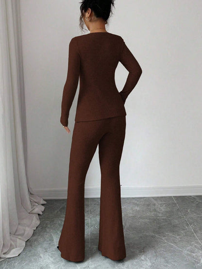 Elegant Women's Slim Fit Bow-Tie Top & Flared Pants Set - ayq