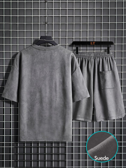 Two-piece Men's summer short-sleeve set, round-neck T-shirt, high-end solid color, half-sleeve, open-back hair clip, thin-fit shorts