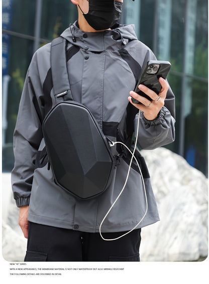 JUMAHE Men's USB Charging Crossbody Bag with Dual Power Ports, Hexagonal Geometric Design Street Style Shoulder Bag - Premium Durable Fabric, Adjustable Strap  Zipper Closure for Daily Commute (Black/Grey), Bags for Travel,