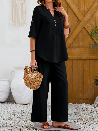 Women'S Large Size Elegant Wide Leg Pants Short Sleeve Top Set with Fake Buttons, YUKIWI