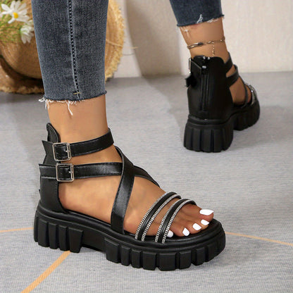 Women'S Summer Chunky Platform Sandals - Open-Toe Design with Adjustable Buckle Straps, White Faux Cover  Thick TPR Sole for Beach, Casual  Everyday Wear, Strappy Sandals, Beach Footwear, Stylish Footwear, Durable Footwear