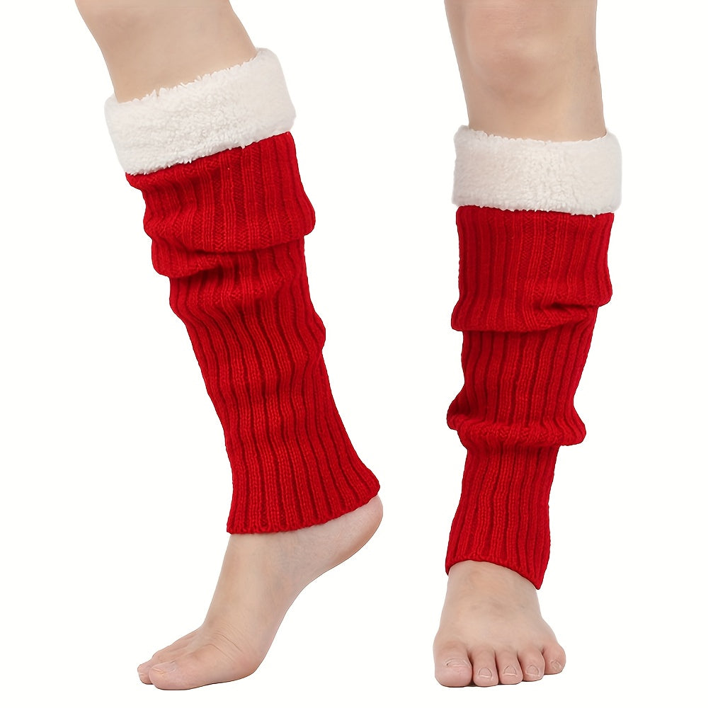 2pcs Women's Thermal Over-the-Knee (OTK) Leg Warmers & Footies - Thick Winter Warmth, Soft Fleece Lining, Red/White Cuff, Hand Washable, Snug Fit for Christmas, Casual & Formal Outfits - Ideal for Cold Weather & Layering, Sol