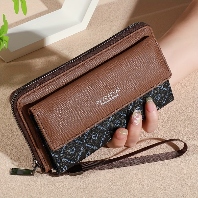 Classic PU Women'S Wallet, Long, Color-Block, Double-Layer Design, Zipper Closure, Zip Pocket, Photo Separation Layer, Nylon Lining, Continental Form Factor, with Positioning Printing for Women