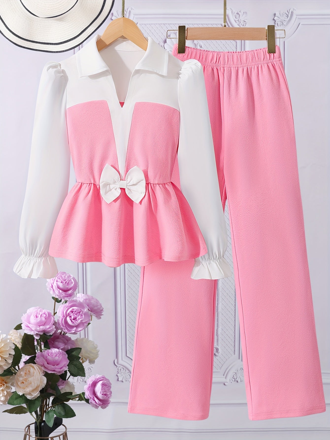 ' Fashionable Autumn Elegant Lapel Bow-Decorated Long-Sleeved Shirt And Straight Wide-Leg Trousers Two-Piece Set, for Outdoor
