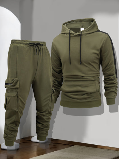 Men'S Casual Sports Two-Piece Set with Multiple Pockets, Featuring a Hooded Design, Suitable for Fashion, Running, And Hiking