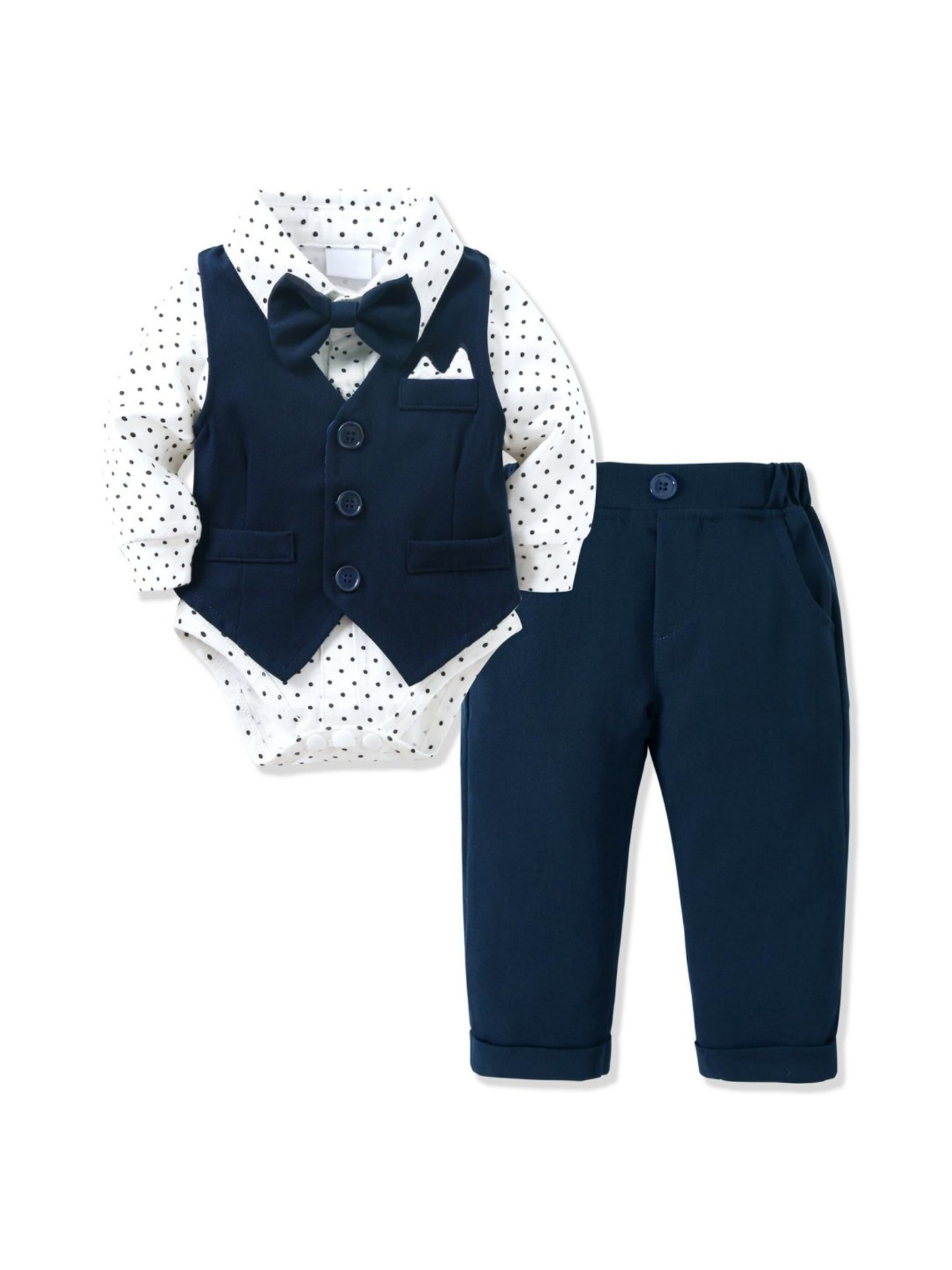 Boys' Cotton Tuxedo Bodysuit Set with Polka Dot Vest for Spring/Fall