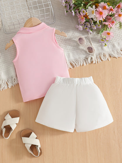 Girls' Sleeveless V-Neck Top & White Shorts Summer Set