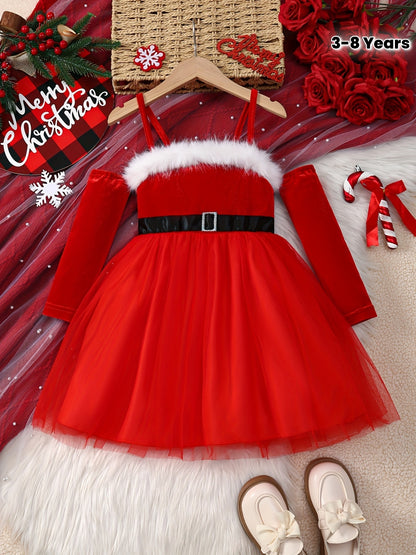 Girls' Christmas Red & White Tulle Dress with Spaghetti Strap Off-Shoulder Neckline, Long Sleeves, Fluffy Trim Hem & Golden Belt - Elegant Party Dress for Holiday Celebrations, Christmas Pageant, New Year's Eve - Machine Wash