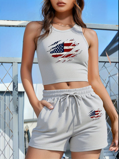 Women's Casual Two-Piece Set with English Print & Slanted Pockets