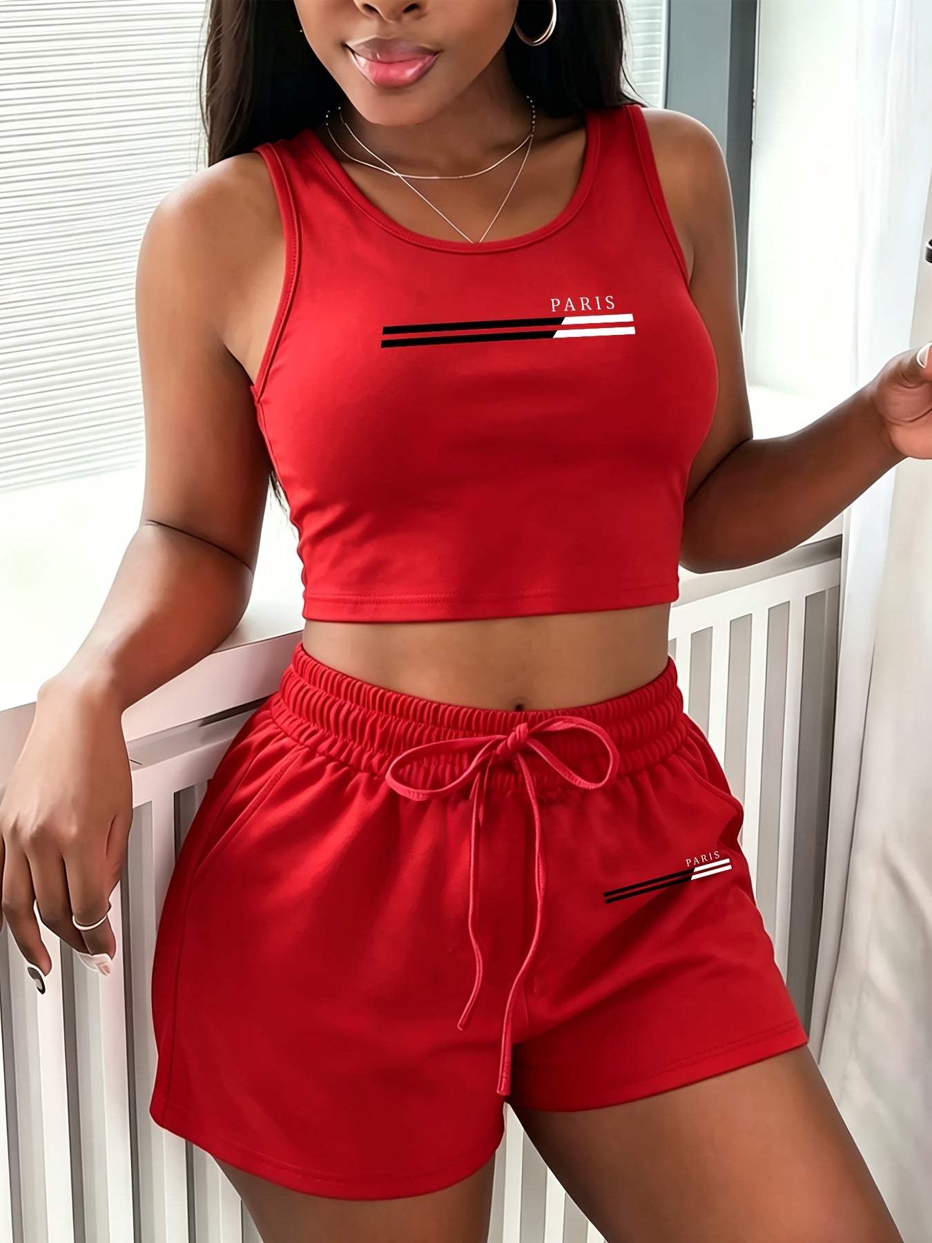 Women's Casual Two-Piece Set | Sleeveless Vest & Drawstring Shorts