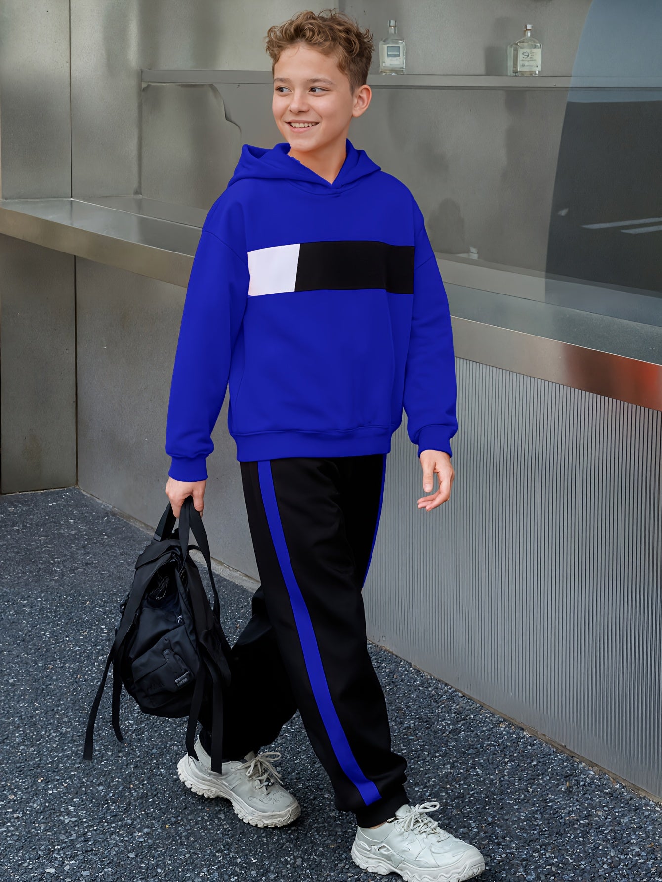 2pcs Boys' Winter Hooded Sweatsuit & Pants - Warm Sweater Outfit with Matching Long Pants, Colorblock Hoodie (Suitable for & Big Kids) - Machine Washable 2pcs set, Perfect for Outdoor