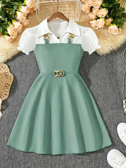 Girls' Casual Short-Sleeve Dress with Golden Chain Accent